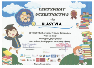 Certyfikat uczestnictwa w projekcie klasy VI a.