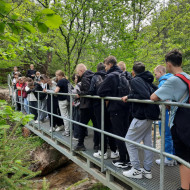 Uczniowie na mostku w Wąwozie Homole.