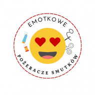 Logo projektu Emotkowe Pożeracze Smutków przedstawia uśmiechniętą emotkę z sercami zamiast oczu i napis Emotkowe Pożeracze Smutków