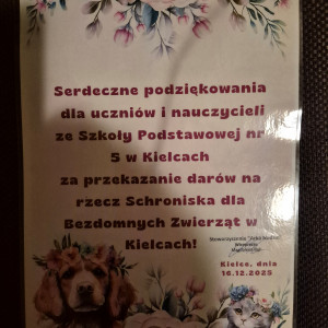 Podziękowanie dla społeczności szkolnej za organizację zbiórki karmy.